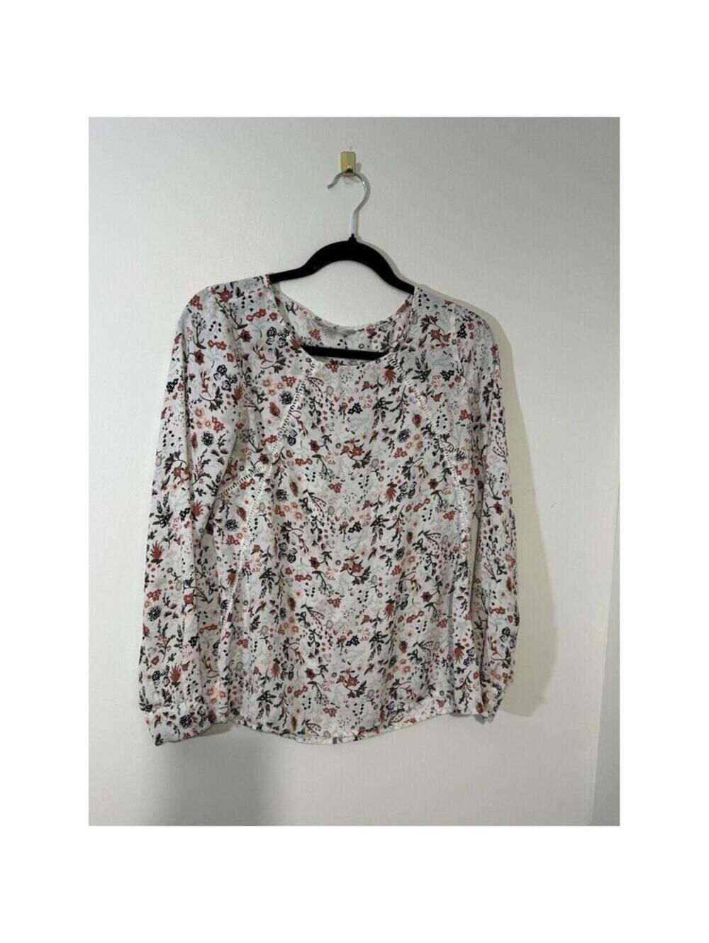 DE COLLECTION Floral Contrast Stitching Pullover Round Neck Long Sleeve Blouse S
